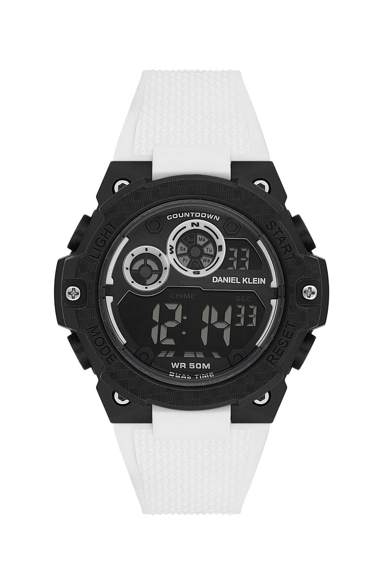 Daniel Klein DK.2337-4 - Horloge - Polshorloge - Digitaal - Heren - Mannen - Rond- Rubberen band - ABS - Achtergrondverlichting - Uursignaal - Dual Time - Alarm - Datumaanduiding - Kalender - Start-Stop - 12h-24U - Stopwatch - Reset- Wit - Zwart
