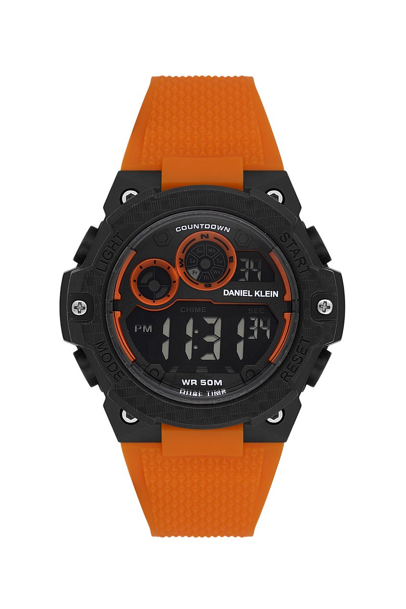 Daniel Klein DK.2337-3 - Horloge- Polshorloge - Digitaal - Heren- Mannen - Rond- Rubberen band - ABS- Achtergrondverlichting- Uursignaal -Dual Time - Alarm - Datumaanduiding - Kalender - Start-Stop - 12h-24U - Stopwatch- Reset- Oranje- Zwart-Wit