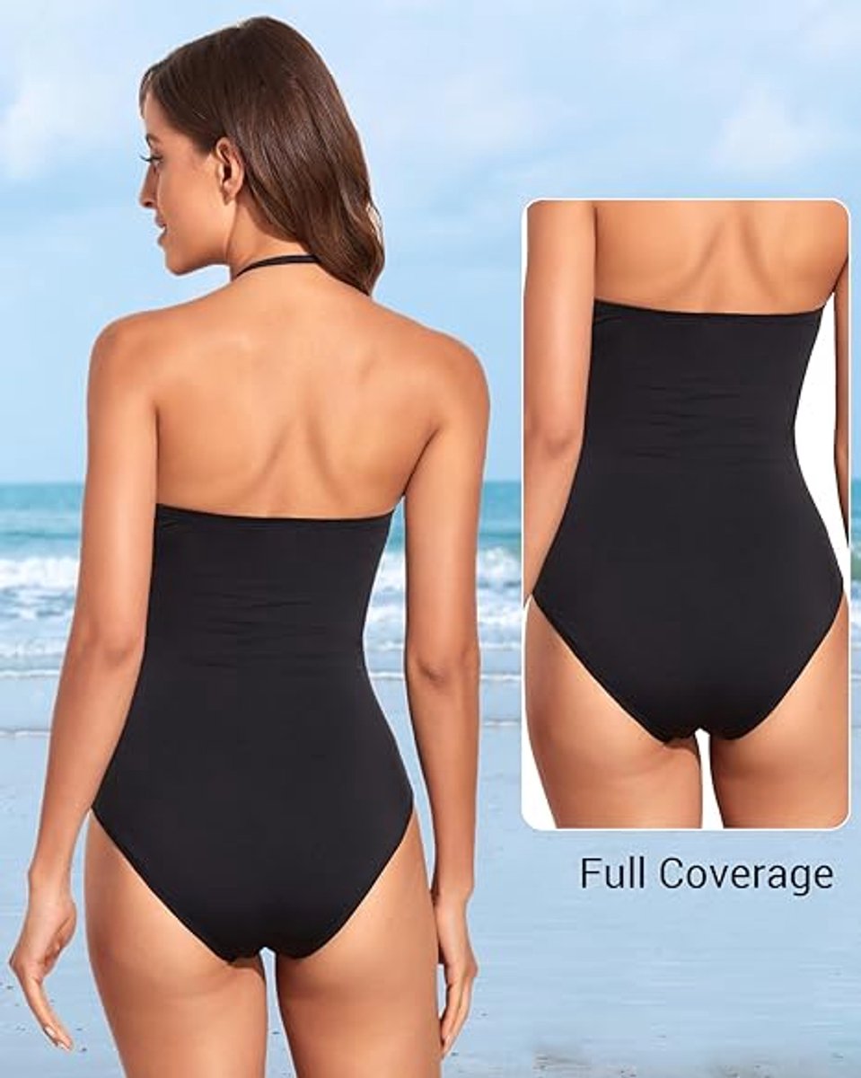 PANAX Badpak voor dames, retrodesign, schoudervrij, met afneembare bandjes en zachte softcups, wikkellook met buikweg-plooien, 01, zwart, M PANAX Badpak voor dames, retrodesign, schoudervrij, met afneembare bandjes en zachte softcups, wikkellook met buikweg-plooien, 01, zwart, M