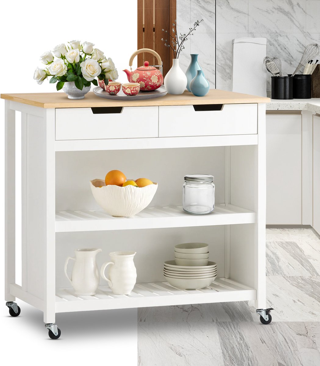 Bol.com Keukeneiland - Verplaatsbaar - Keukenkast - Dressoir - Organizer - Kasten - Houten Werkblad - Wit aanbieding