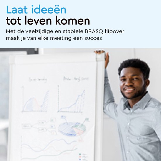 Man in grijs hemd staat naast een flipoverbord met grafieken. "Laat ideeën tot leven komen".