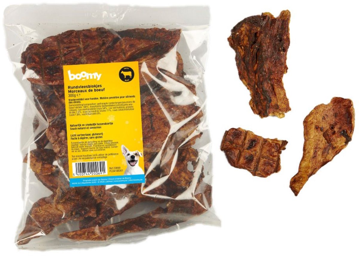 Boomy - Rundvlees blokjes - 100% runderlong – Gedroogde hondensnacks - Natuurlijke hondensnoepjes voor training of tussendoor – 300g