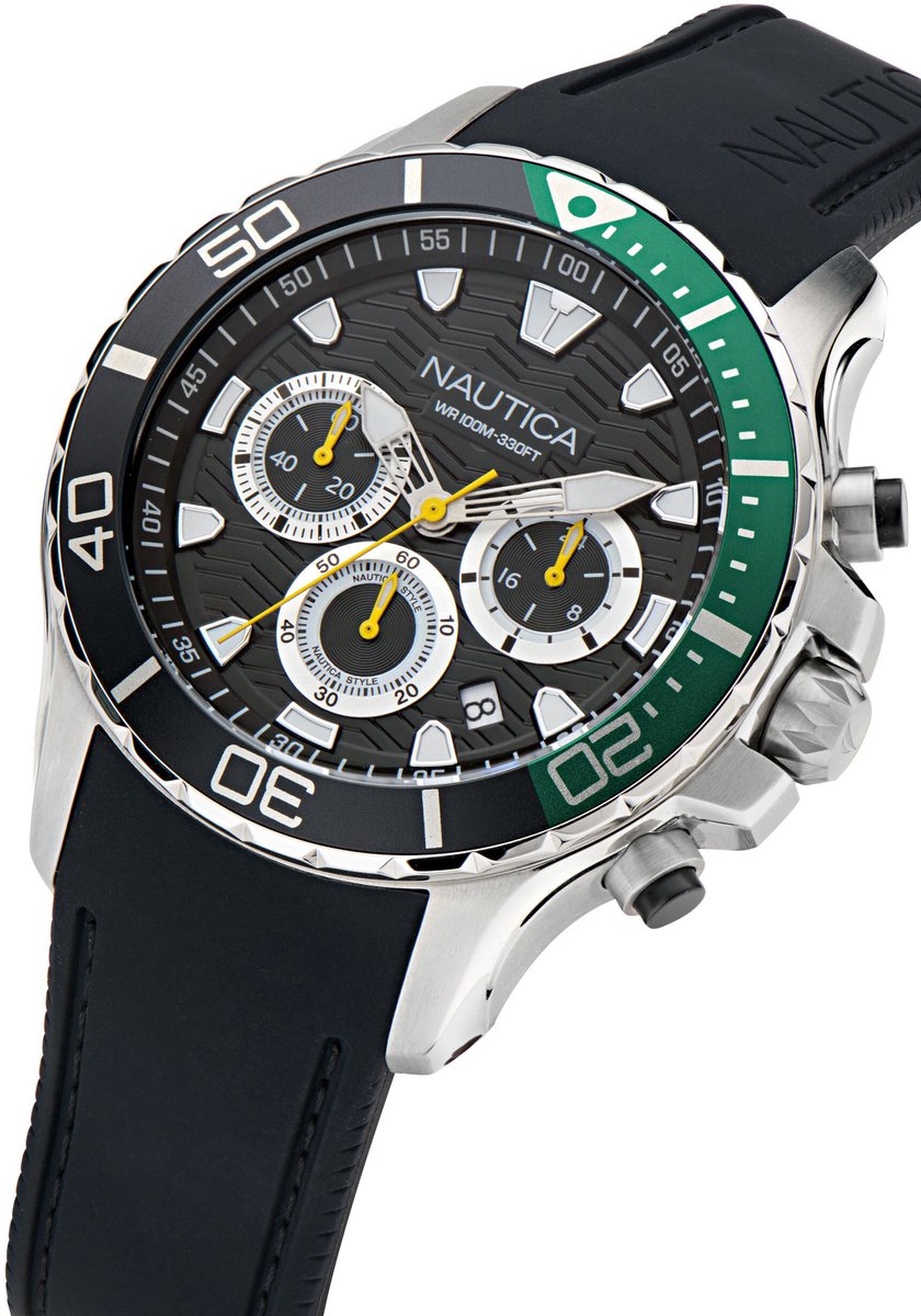 Nautica Nst Quartz Chronograaf Horloge Zwart Kast: 100% Roestvrij Staal. Armband: 100% Siliconen 44 NAPNSS501, NAPNSS502