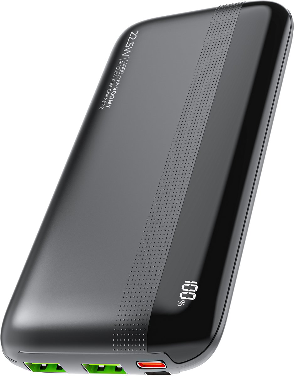 Voomy Powerbank 2.0 - 10000 mAh - 22.5W Snellader - PD+QC USB C & USB A - Batterij Display - Iphone & Samsung - Zwart
