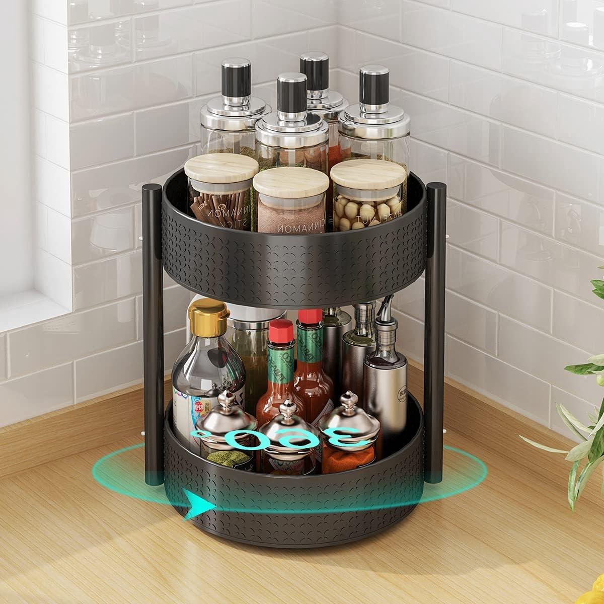 Rotating Spice Rack Lazy Susan Turntable Organizer - Rotatable Carbon Steel Spice Holder Shelf for Kitchen Cabinet Storage (2 Layers)