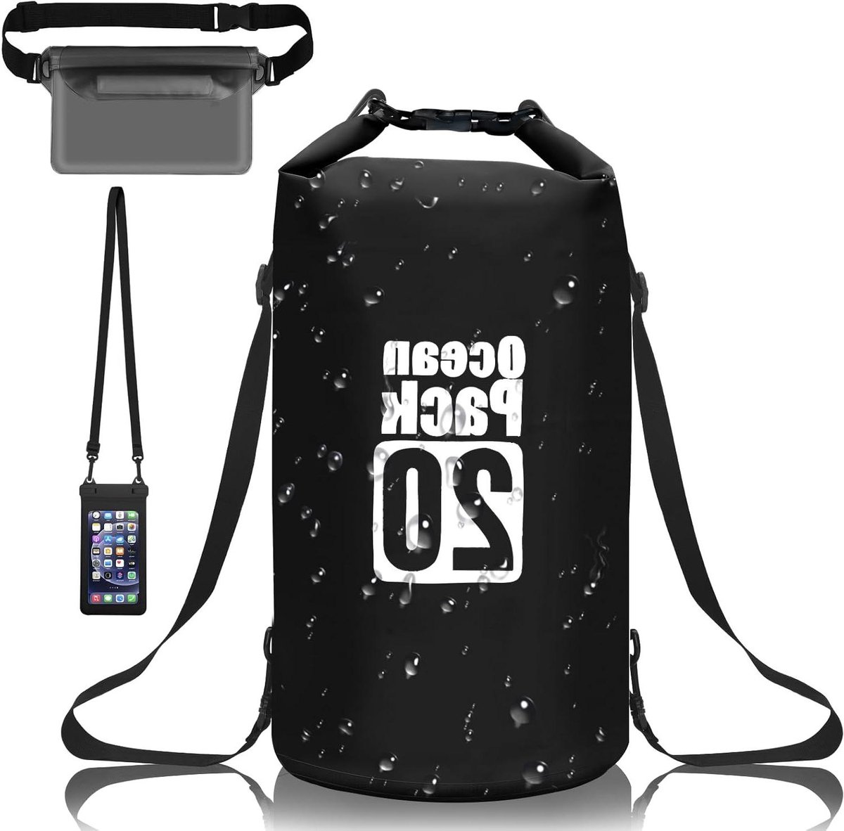 Waterdichte Dry Bag 20 l met dubbele verstelbare schouderriem, heuptas en telefoonhoes voor watersport strand zwemmen boottochten reizen (zwart)