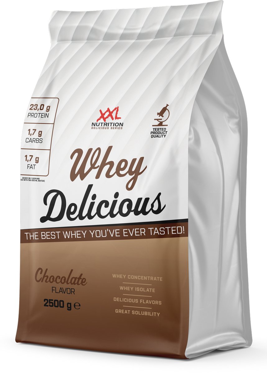 Goedkoopste XXL Nutrition - Whey Delicious - 80 Eiwit - Chocolade - Wei Eiwitpoeder met BCAA & Glutamine, Proteine Poeder, Eiwit shake, Whey Protein - Diverse Smaken - 2500 gram (83 shakes