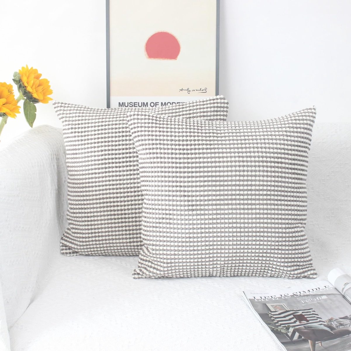 Ibenzoa Moderne Boho Kussenhoezen Set van 2 Stuks in Zacht Corduroy Design grijs wit