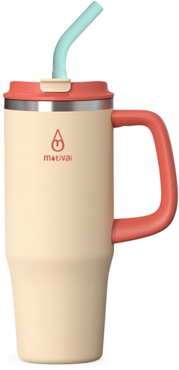 Motivai StrawUp RVS Drinkbeker met Rietje en Handvat – 950ML – 100% Lekvrij & Dubbelwandig – Thermosbeker To Go – Crème