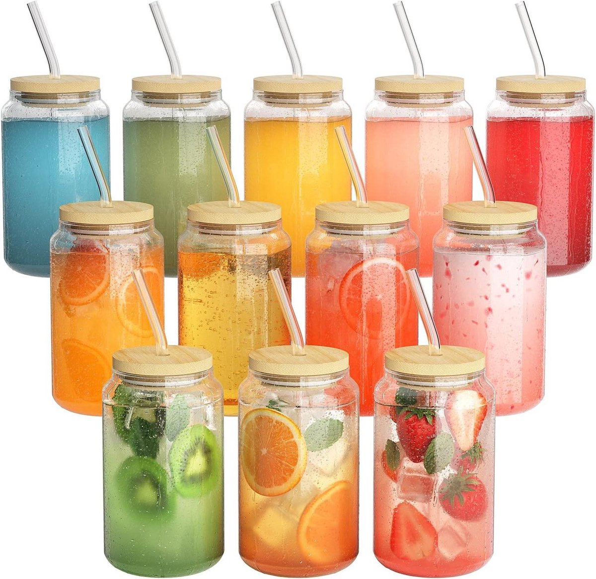 12 Pcs Glasses with Lid and Straw 450ml for Iced Coffee, Cocktails, Long Drinks - Includes 2 Cleaning Brushes