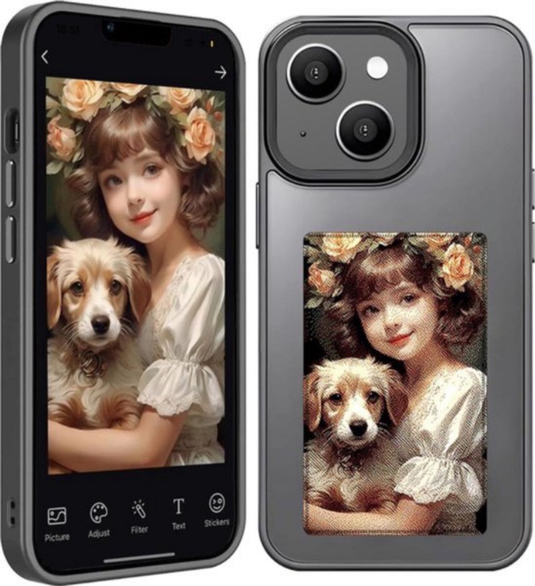 NFC Telefoon Hoesje - DIY Foto Inkt - iPhone 14 - Grijs - Telefoon - Telefoonhoesjes - Smart E-Ink Scherm - Digitale Fotolijst - Aventra Custom NFC hoesje