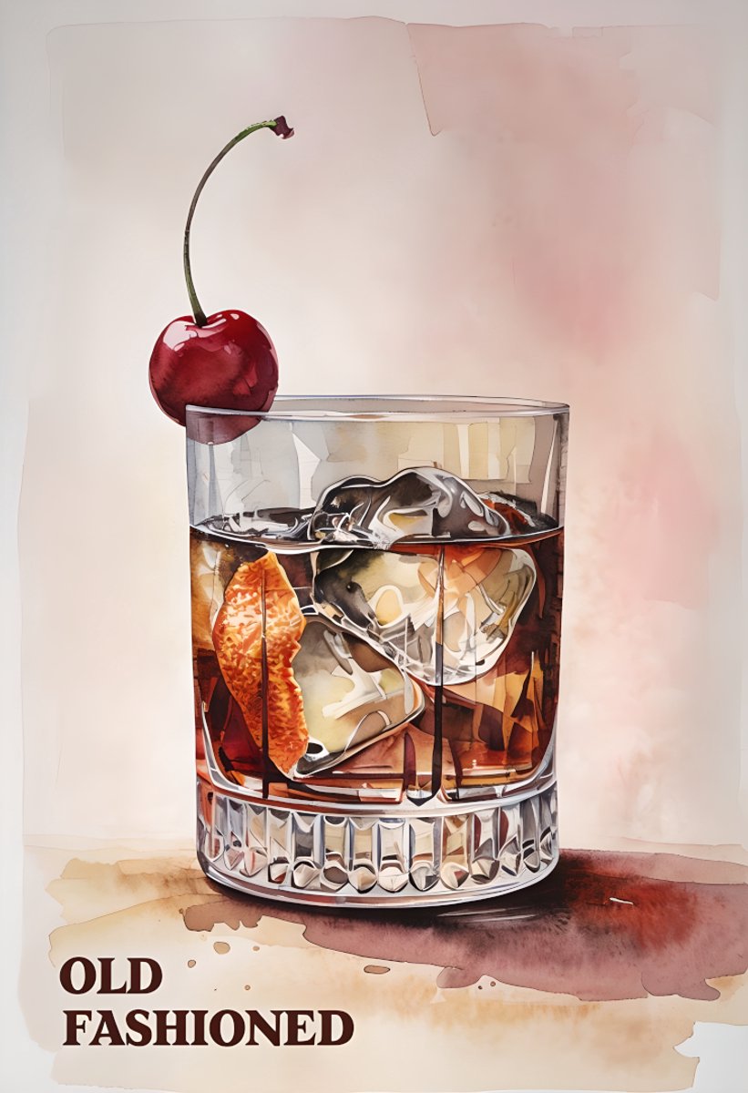 Old Fashioned – Aquarelcocktailkunstposter