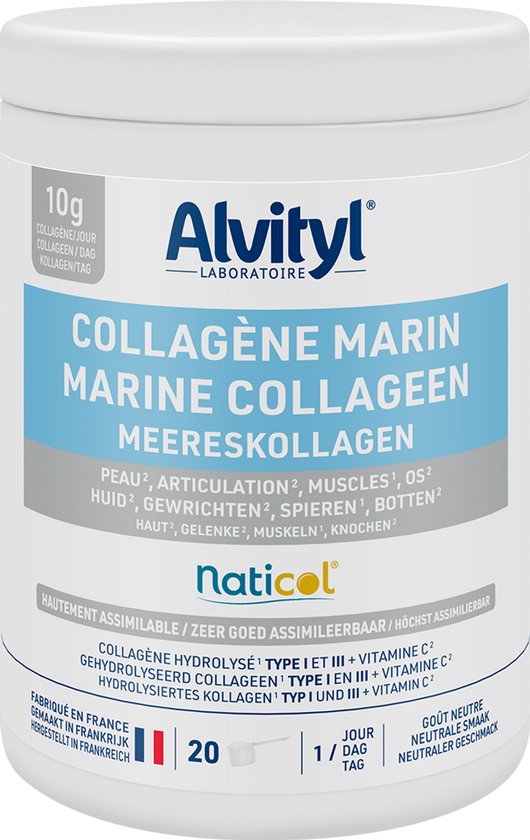 Foto: Alvityl marine collageen supplement voor stevige huid sterke spieren soepele gewrichten poeder 220g 20 doseringen