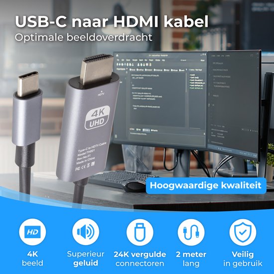 USB-C naar HDMI kabel met 4K UHD. Naast de kabel zijn er iconen voor 4K beeld, superieur geluid, 24K vergulde connectoren en 2 meter lengte.