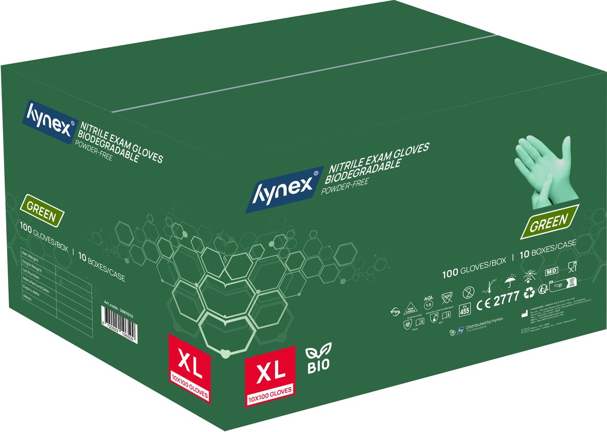 Hynex Biologisch Afbreekbare Nitril Handschoenen Groen – Maat XL – 1000 Stuks – Poedervrij – Bio Degradable – Wegwerphandschoenen – Duurzaam