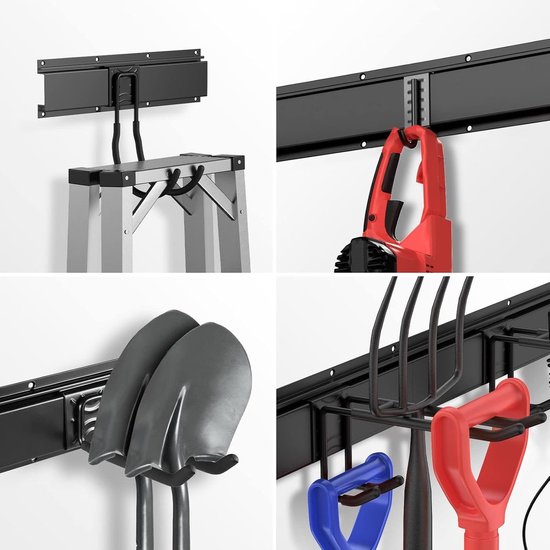 TOJ Gereedschapshouder - Bezemhouder - Tuingereedschap / Bezem Ophangsysteem - 3 Basisrails + 9 Haken - 120CM - Metaal - Mat Zwart van TOJ — afbeelding 3