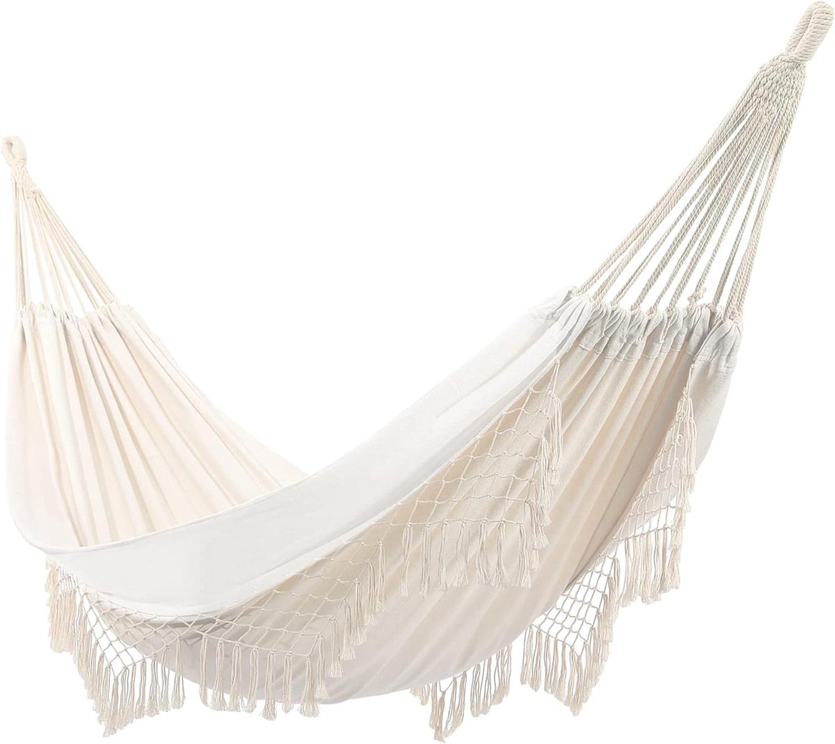 Hammock Garden Cotton Hammocks with Tassels 2 Person Durable Swing with Travel Bag Perfect for Beach Garden Bedroom Patio Porch Indoor Outdoor Wedding Decor 83 Inch Lx 59 Inch W (White)