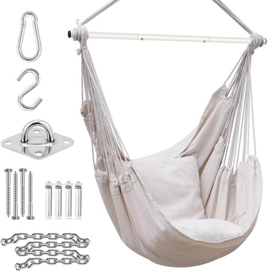XL Portable Hanging Rocking Chair: Includes Hardware Kit, 2 Cushions, Removable Metal Support Bar, Side Pocket - Indoor and Outdoor Hanging Chair for Patio, Bedrooms, Teen Girls Room Decor