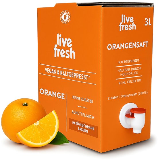 LiveFresh 100% sinaasappelsap koudgeperst – saptap – zonder toevoegingen – sinaasappels vruchtensap gemaakt in Duitsland – 3 Liter
