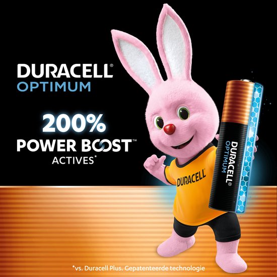 Le lapin rose Duracell avec une pile Duracell Optimum AA. Texte "200% POWER BOOST ACTIVES".