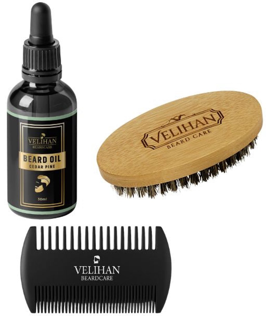 Velihan Beardcare - Baardverzorging Trio Pack - Baardolie Cedar Pine 30ml, Baardborstel en Baardkam - Baardverzorging set - Cadeau voor hem - Baardverzorging - Baard olie - Cadeau voor vriend - Baardgroei
