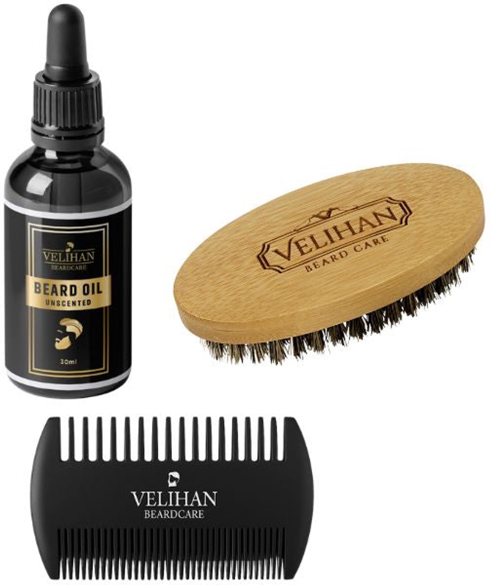 Velihan Beardcare - Baardverzorging Trio Pack - Baardolie Geurloos 30ml, Baardborstel en Baardkam - Baardverzorging set - Cadeau voor hem - Baardverzorging - Baard olie - Cadeau voor vriend - Baardgroei