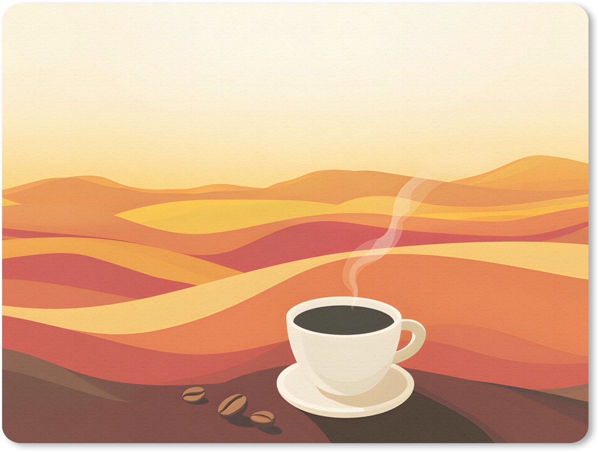 Muismat 23x19 cm - Mousepad Koffie - Landschap - Oranje - Koffiebonen - Muismatten