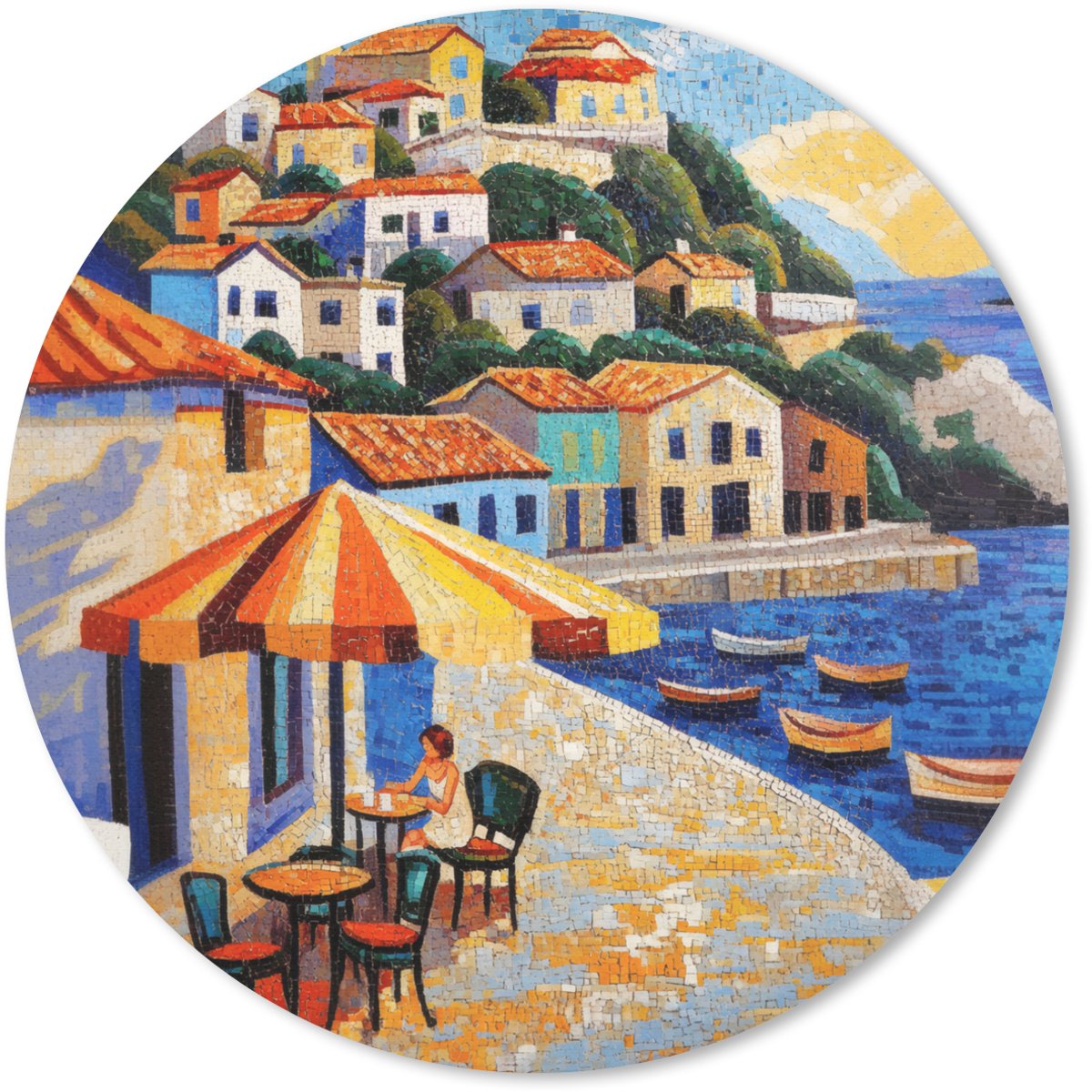 Muismat rond 20x20 cm - Mousepad Kustdorp - Huisjes - Mozaïek - Zee - Ronde muismatten