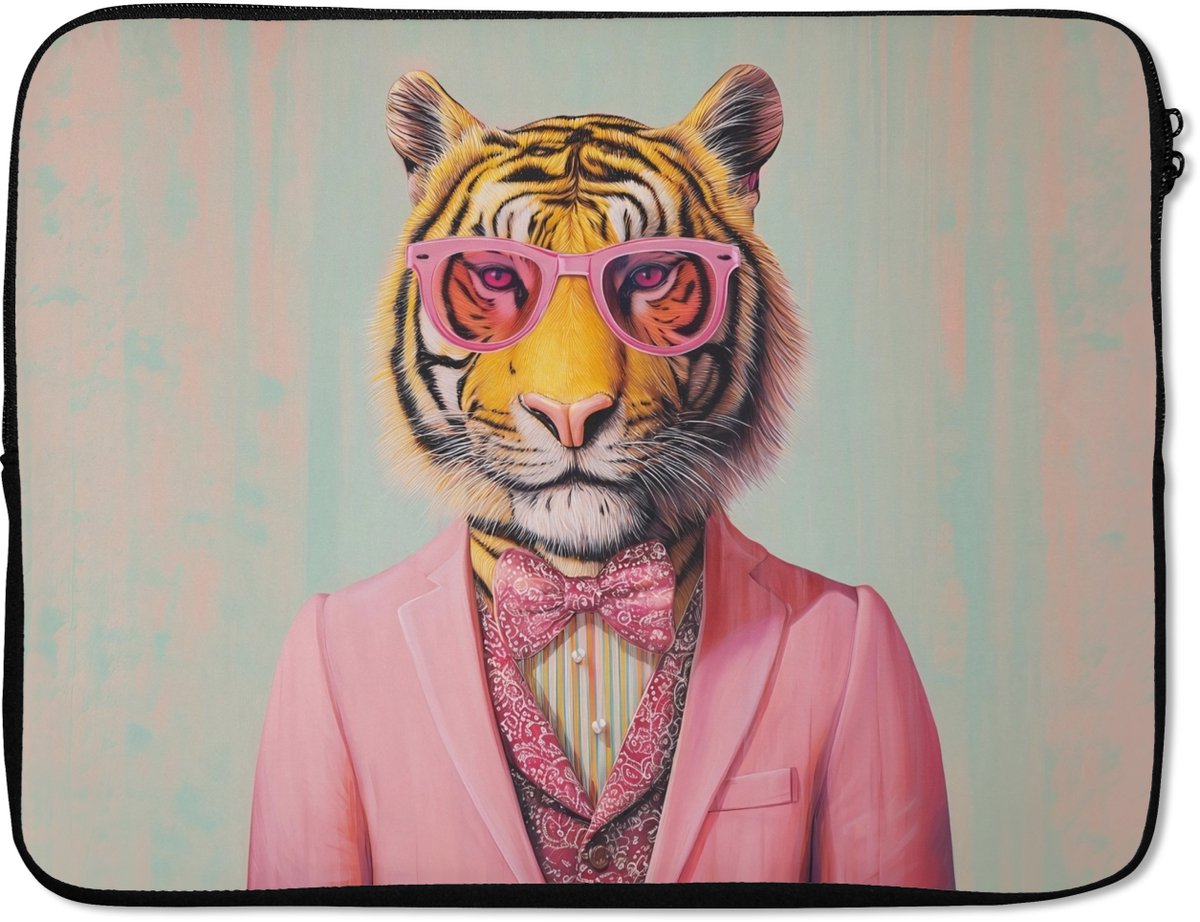 Laptophoes 17 inch - Tijger - Strik - Jasje - Roze - Laptop sleeve - Binnenmaat 41x28 cm - Zwarte achterkant