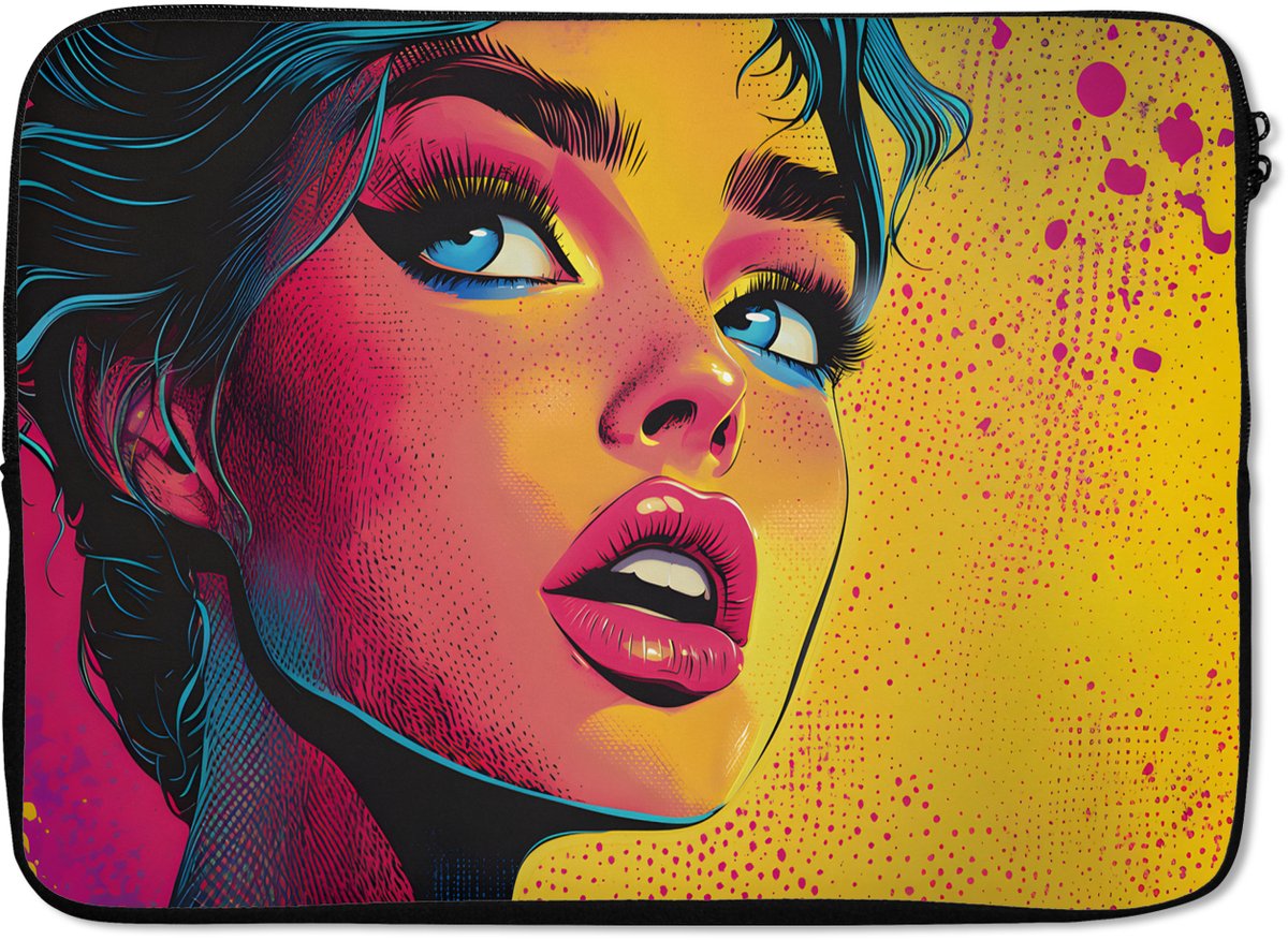 Laptophoes 14 inch - Close-up - Vrouwengezicht - Stippen - Geel - Laptop sleeve - Binnenmaat 33x23 cm - Zwarte achterkant