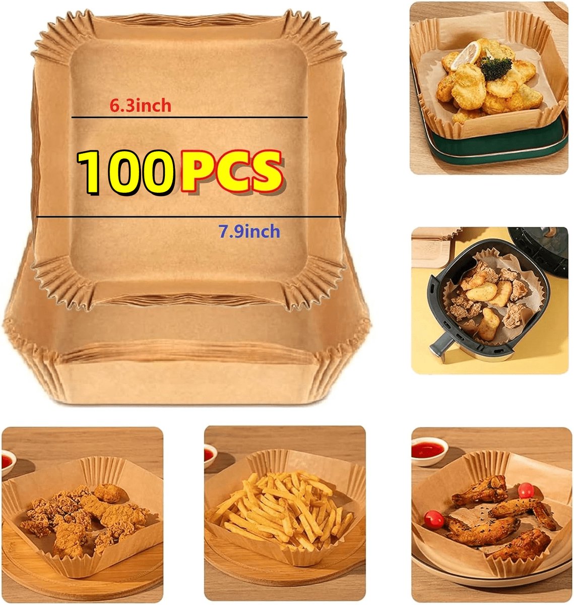 100 stuks vierkante wegwerppapieren bakjes voor de airfryer, 7,9 inch antiaanbakbakbakjes, bakpapier van voedingskwaliteit, bakpapier voor de airfryer en bakken, braden, magnetron, Moederdagcadeaus