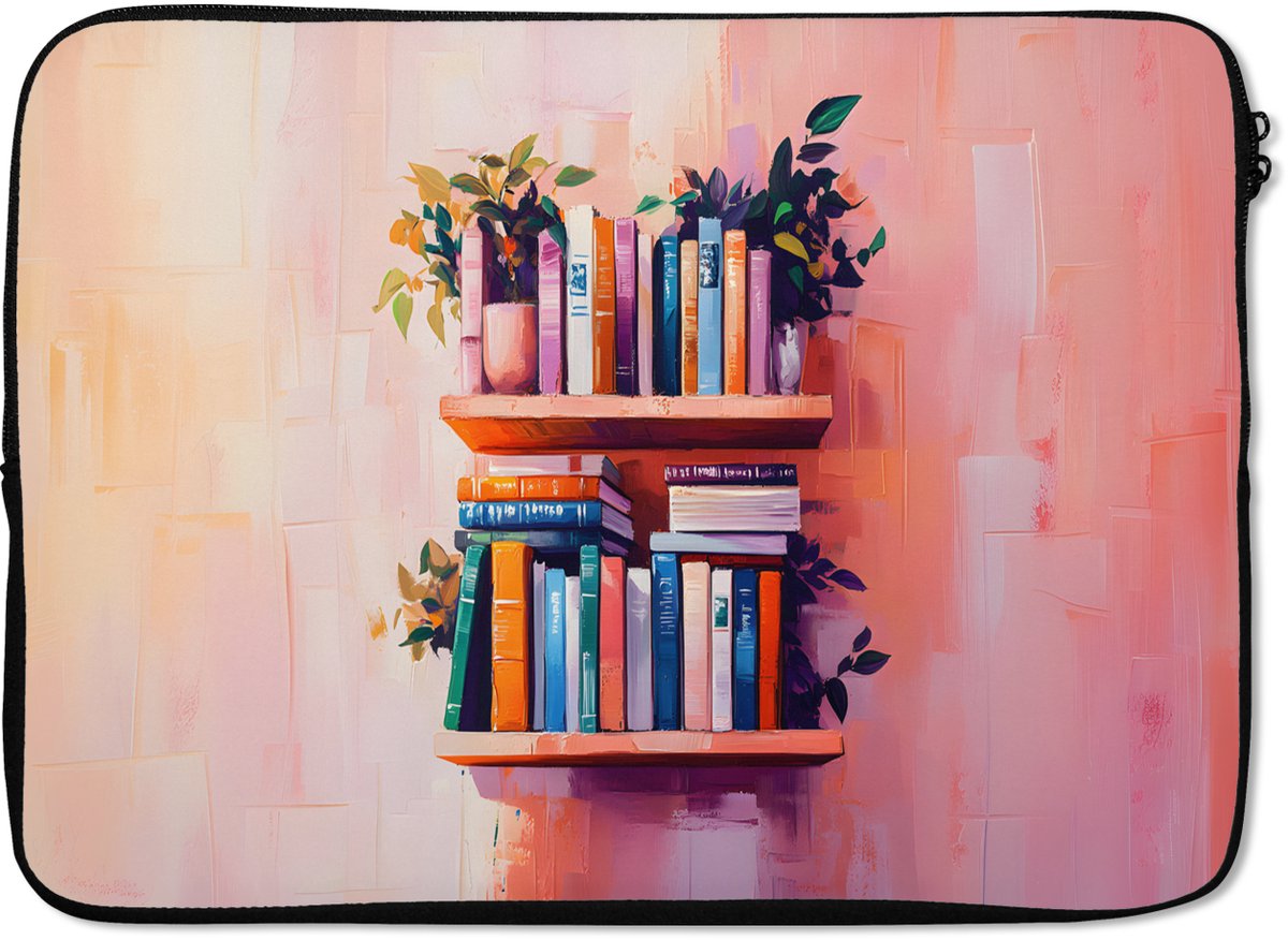 Laptophoes 14 inch - Planken - Boeken - Bladeren - Laptop sleeve - Binnenmaat 33x23 cm - Zwarte achterkant