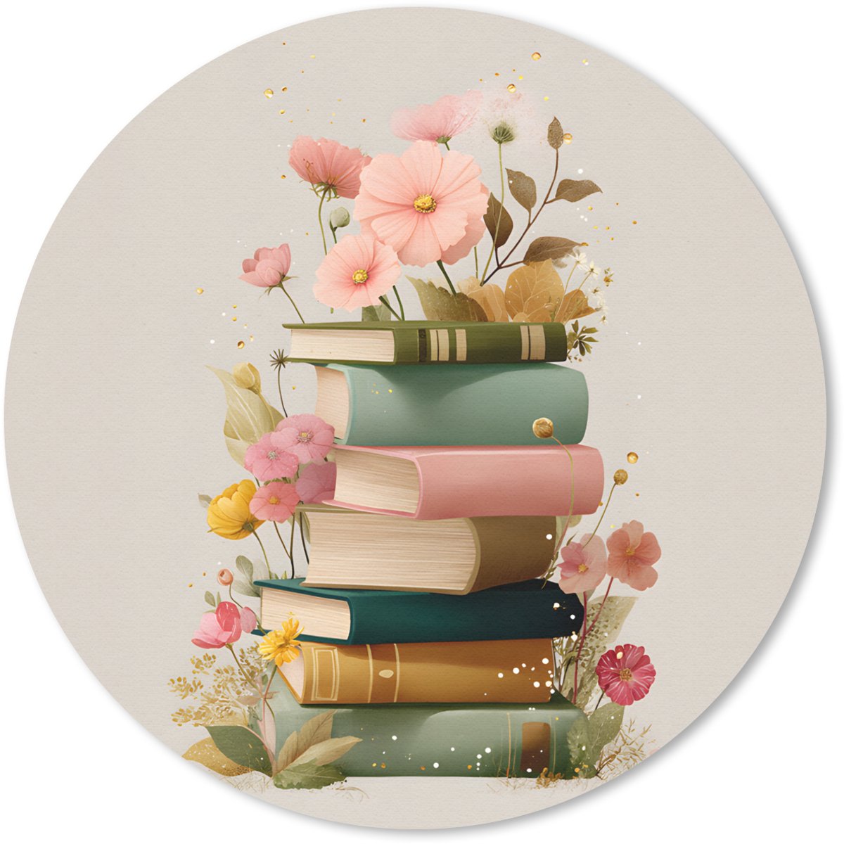 Muismat rond 20x20 cm - Mousepad Boeken - Stapel - Bloemen - Kleurrijk - Ronde muismatten