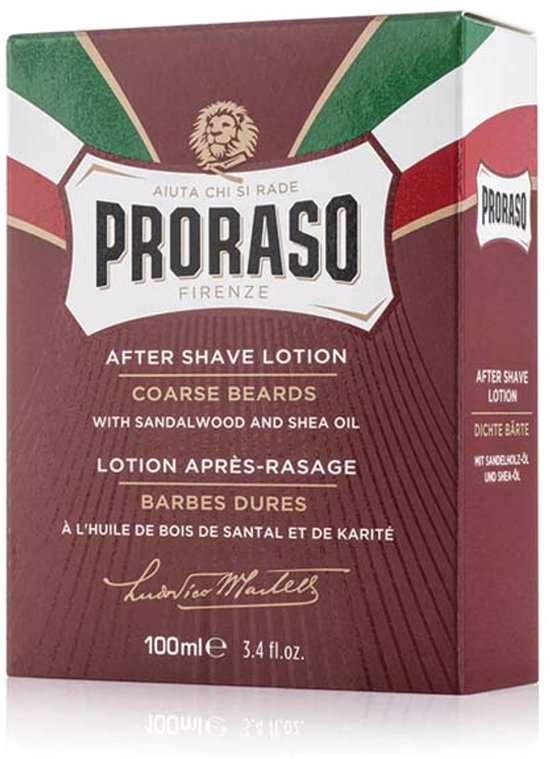 Proraso after shave lotion verpakking voor grove baarden met sandelhout en karitéboter.