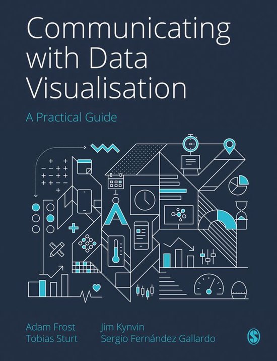 Boekomslag met de titel 'Communicating with Data Visualisation', een praktische gids, en illustraties van grafieken en diagrammen.