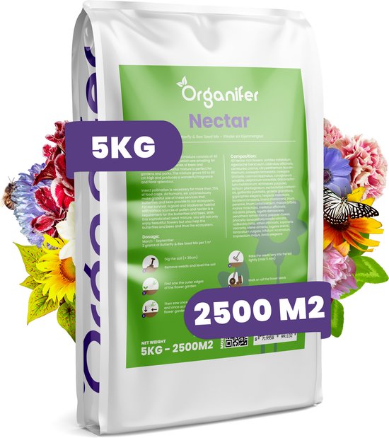 Vlinderbloemen en Bijenmengsel - 40 soorten (5kg, 2500m2) - Veldbloemen - Bloemenzaad Vlinders - Bloemen - Bloemzaden - Bloemenzaad Voor Bijen - Veldbloemen Zaad - Vlinderbloemen - Nectar - Organifer