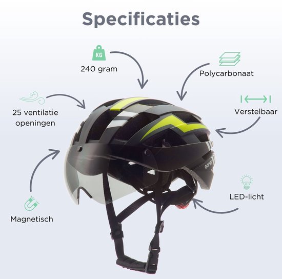Casque de vélo GOOFF Blitz (visière transparente) 3-en-1 - ventilation maximale - avec lumière LED - jaune fluo taille M