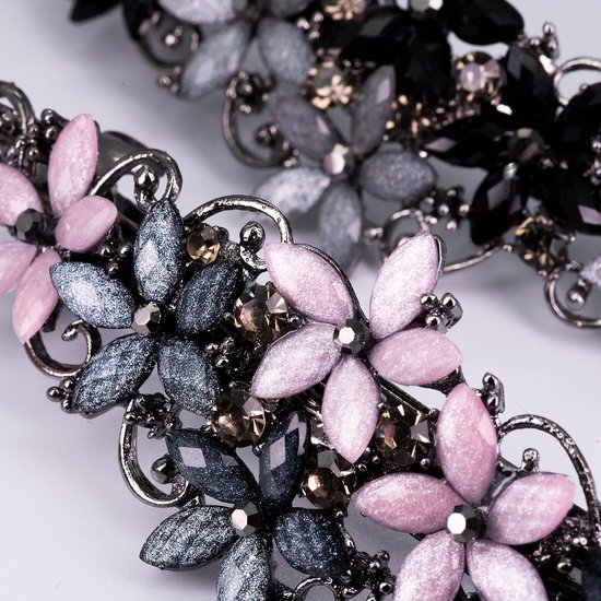 Haarspelden - Haaraccessoires - Elegante haarspelden voor dames en meisjes - Modieuze glinsterende haarspelden met strass-steentjes - Haarspeld met bloemen (roze en donkerblauwe/zwarte en grijze bloemen)
