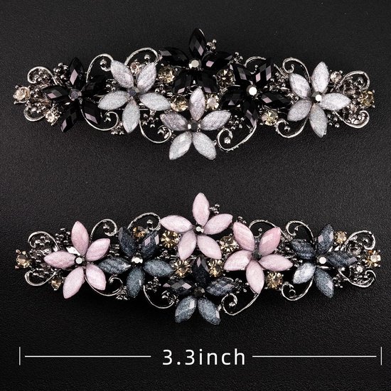 Haarspelden - Haaraccessoires - Elegante haarspelden voor dames en meisjes - Modieuze glinsterende haarspelden met strass-steentjes - Haarspeld met bloemen (roze en donkerblauwe/zwarte en grijze bloemen)