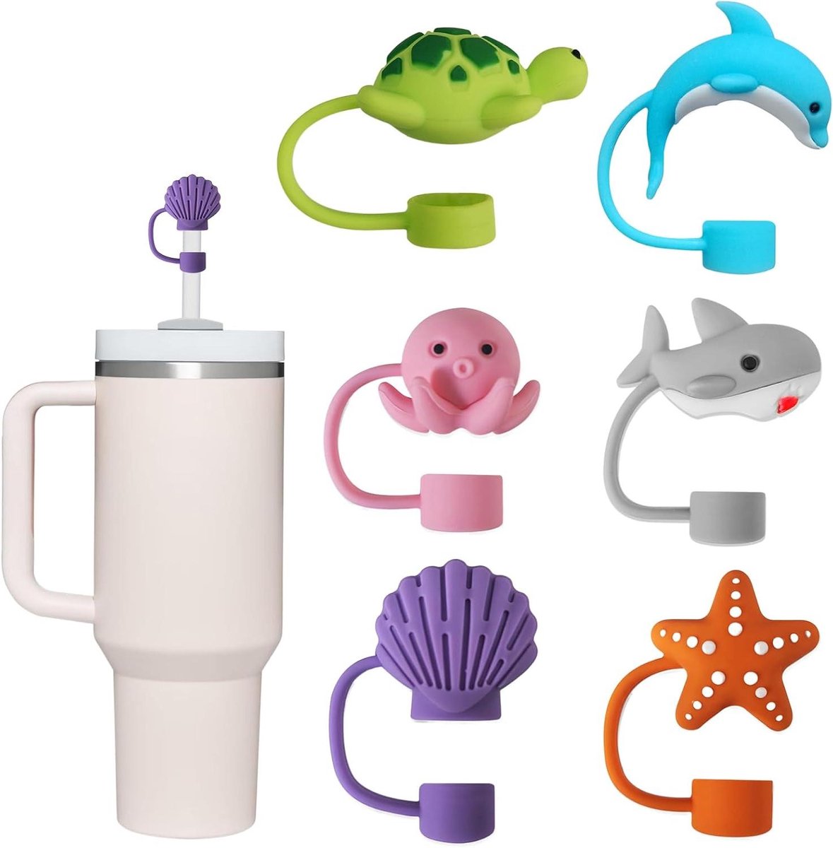 Image of 6 stuks siliconen rietjeshoesjes maritieme dieren 10mm - Herbruikbare deksels voor rietjes - Accessoires voor grote bekers 40/30 oz