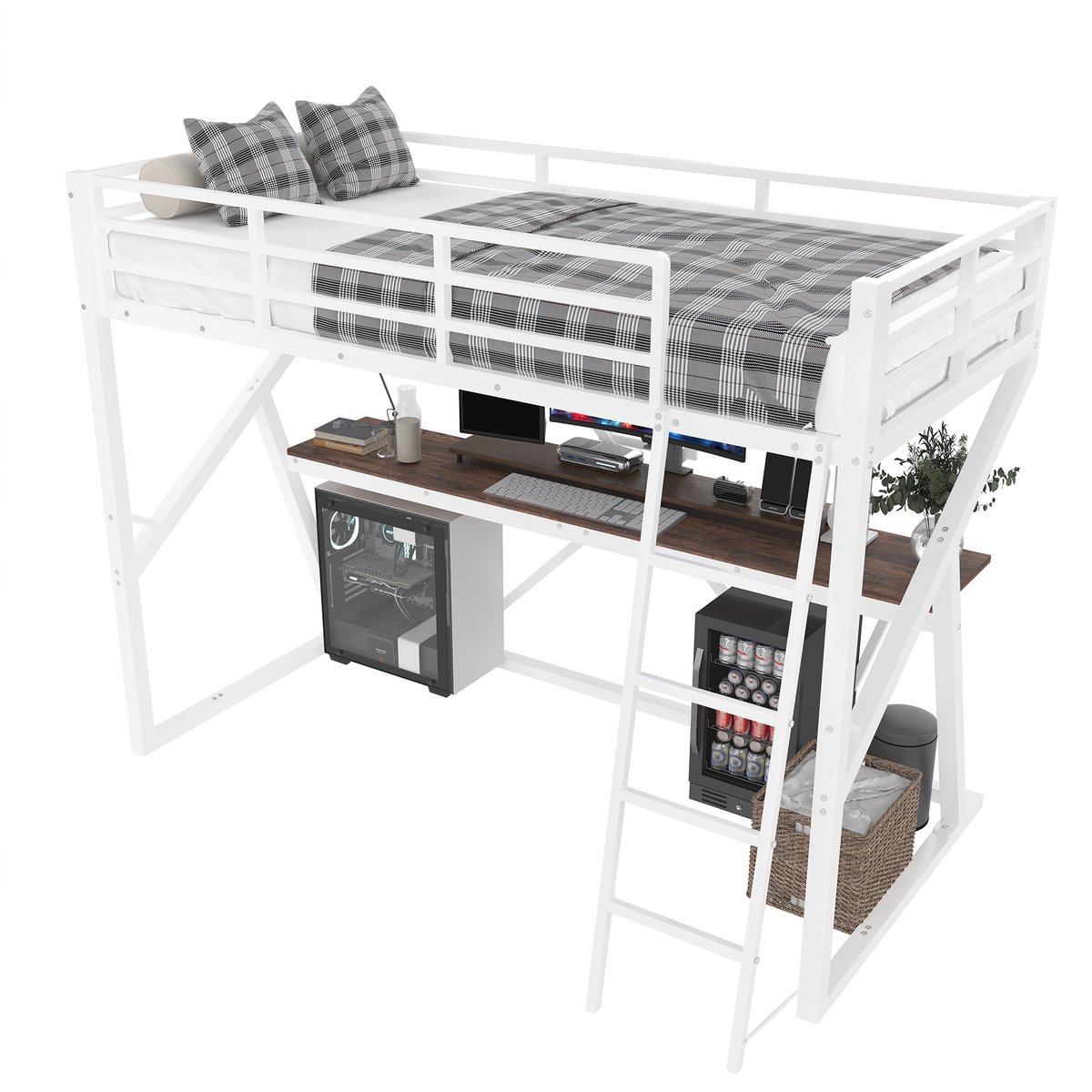 Lit Mezzanine Avec Bureau Et éclairage LED - Blanc 90x200cm, Structure Métallique, Prises électriques + USB, Garde-corps, Escalier