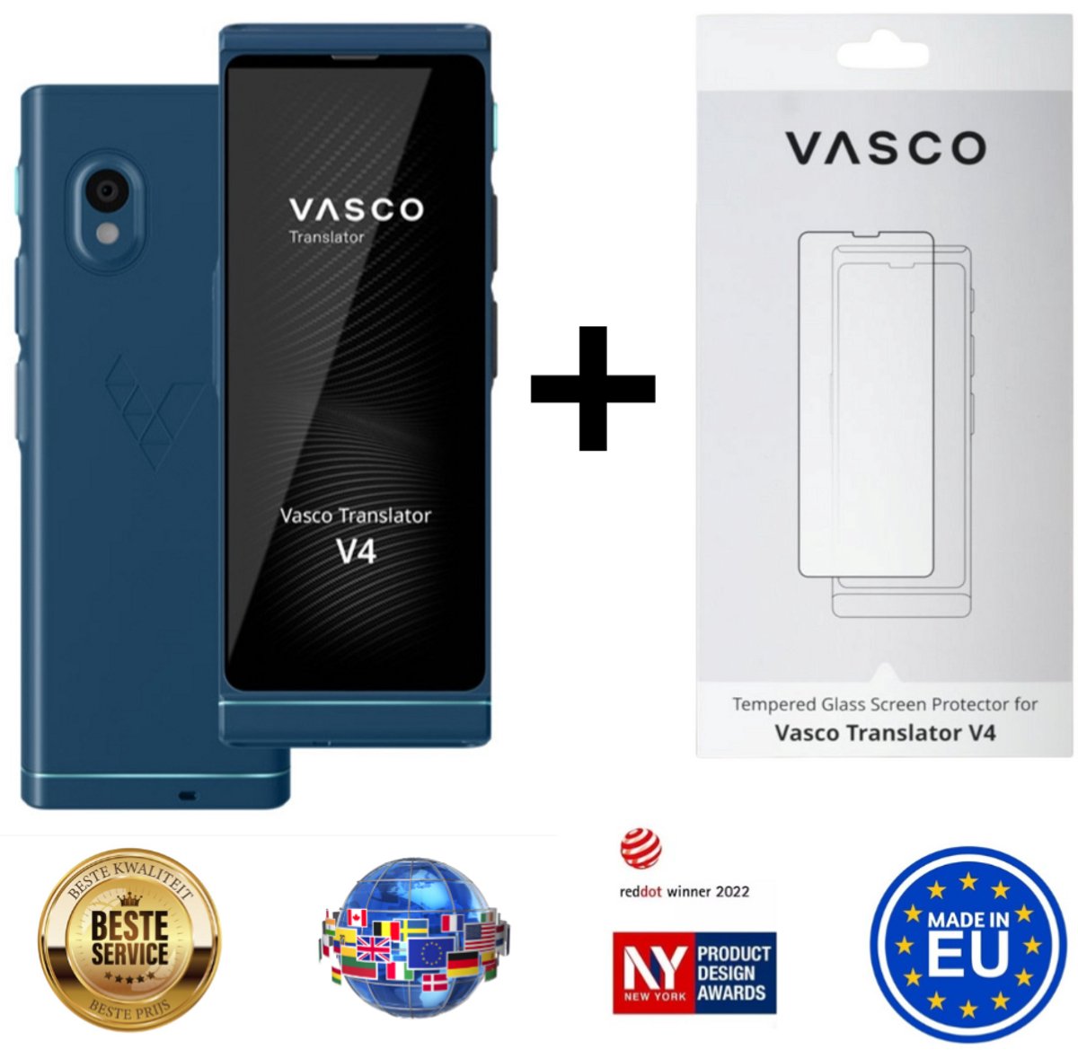 Vasco Translator V4 Cobalt Blue + Vasco Screen Protector - taalvertaler nr 1 ter wereld - foto's en tekstvertaling - stemvertaling - werkt in bijna 200 landen
