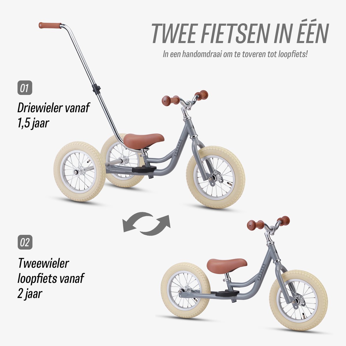Køvapää Trike - 2 in 1 Loopfiets - 1.5 t/m 4 jaar - Met Naamsticker - 12 inch – Loopfiets - Grijs — afbeelding 2