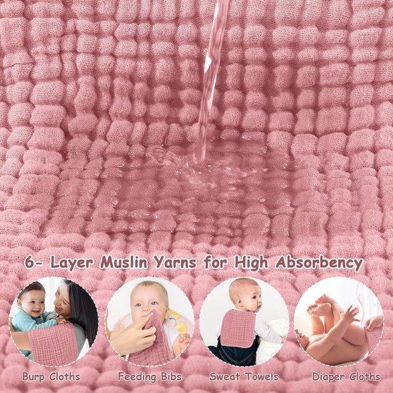 Handdoeken - Handdoeken - washandjes - Babyhanddoek -Slabbetje -Katoen Mousseline handdoek -Katoen - Superzacht en absorberend - 24 x 45 cm (roze) - Verpakking 6 stuks — afbeelding 4