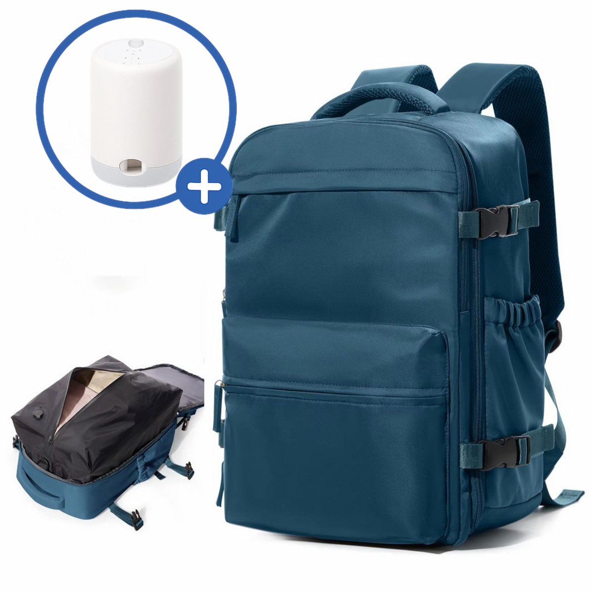 SyncGear Vacuüm Rugzak - Met Compressie Apparaat - Geschikt voor Handbagage 40x30x20 - Neem Circa 50% Meer Spullen Mee - Kleur: Blauw