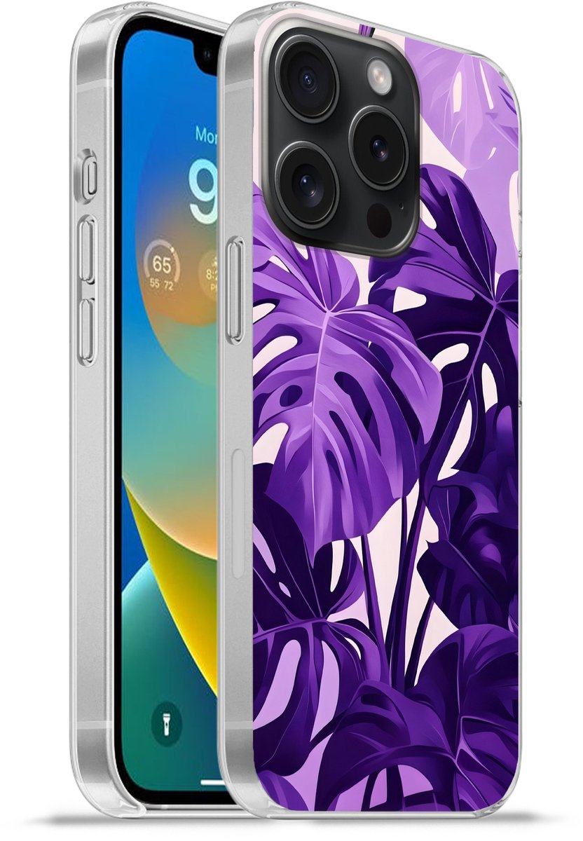 Telefoonhoesje Geschikt voor iPhone 15 Pro hoesje - Bladeren - Paars - Tropisch - Abstract - Siliconen Telefoonhoesje Telefoonhoesje
