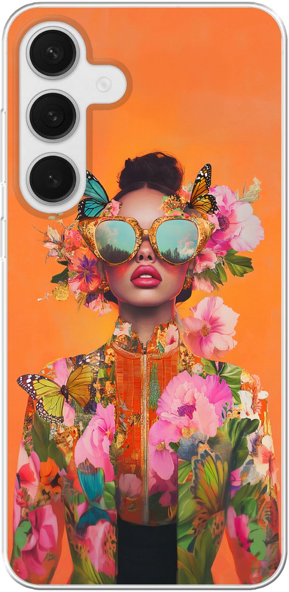 Telefoonhoesje Geschikt voor Samsung Galaxy S25 Plus hoesje - Vlinders - Vrouw - Zonnebril - Kleurrijk - Siliconen Telefoonhoesje Telefoonhoesje