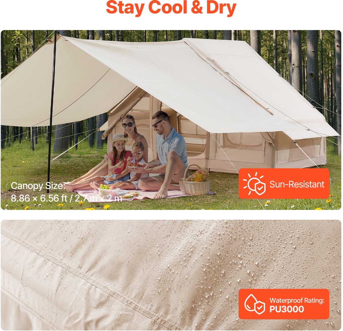 Opblaasbare Kampeertent 3x2x2 M, Geschikt voor 3-5 Personen, 300d Oxford Stof voor Alle Seizoenen, Glamping Tent met Luifel, Handpomp, Ovenopening, 2 Deuren & 2 Gaasramen – foto 7