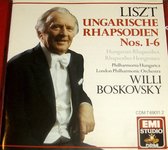 Portret van Willi Boskovsky die een smoking draagt, naast de titel 'Liszt Hongaarse Rapsodieën Nos. 1-6'.