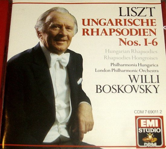 Portret van Willi Boskovsky die een smoking draagt, naast de titel 'Liszt Hongaarse Rapsodieën Nos. 1-6'.